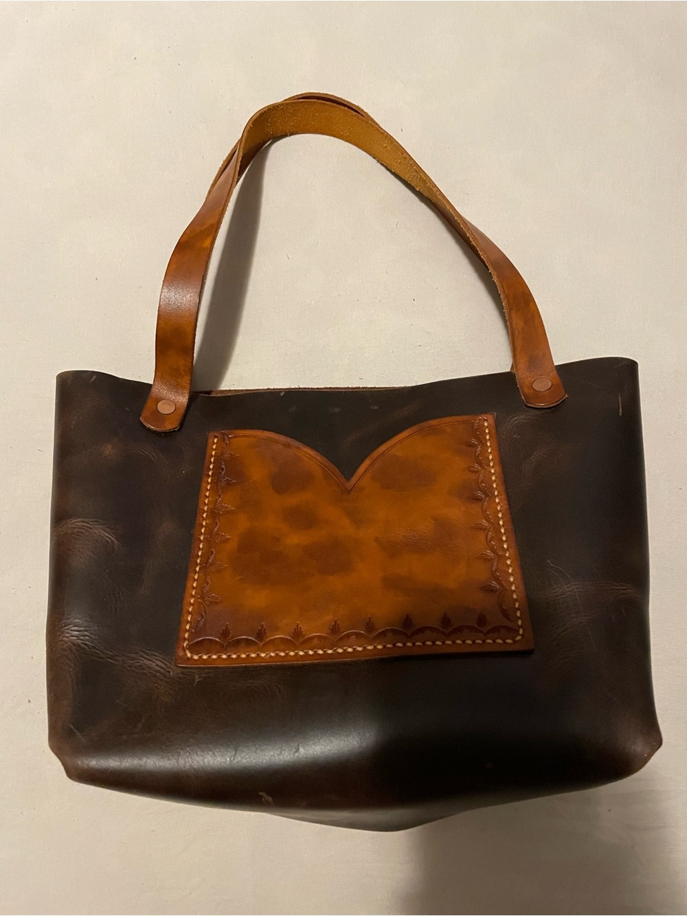 Smaller Handmade Real Leather Two-Tone Brown Tote Bag with Front Pocket